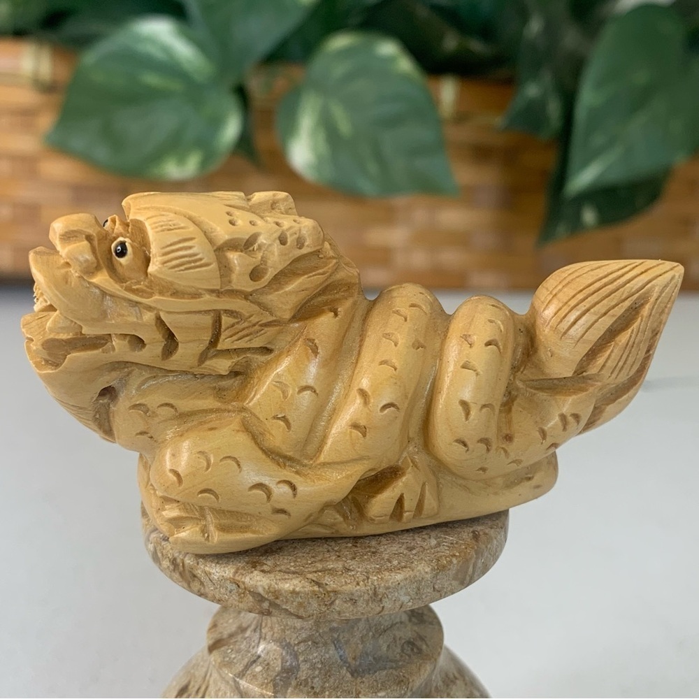 Japanese Netsuke Dragon Snake Beast Boxwood Carving Hand Carved Wood Animal 3.5"